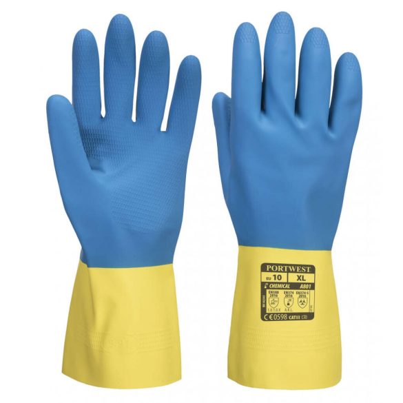 Portwest A801 - Duplán Mártott Latex kesztyű - 10/XL - sárga/kék