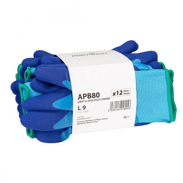 Portwest Grip 13 Latex teljesen bevont kesztyű (12 pár)-APB80-kék-XL